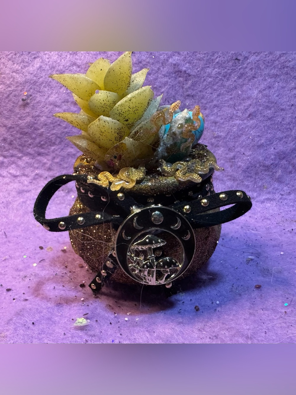 Glittery gold mini cauldron Succulent Ornament with Moon & Mushroom Charm